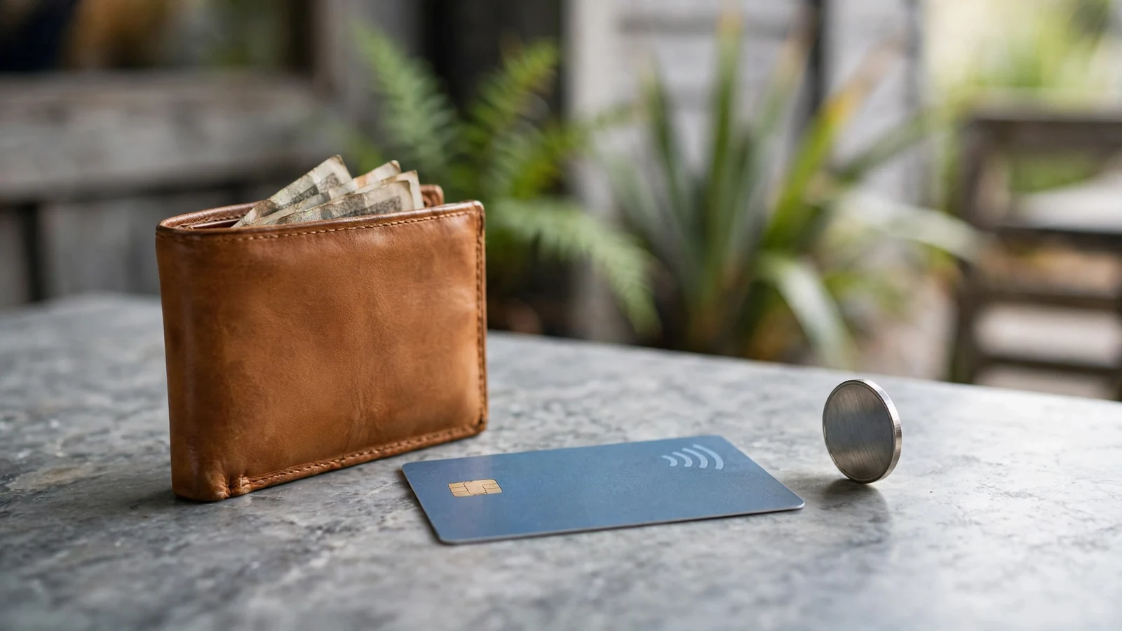Wallet, contactless card, and coin arranged on a marble countertop.